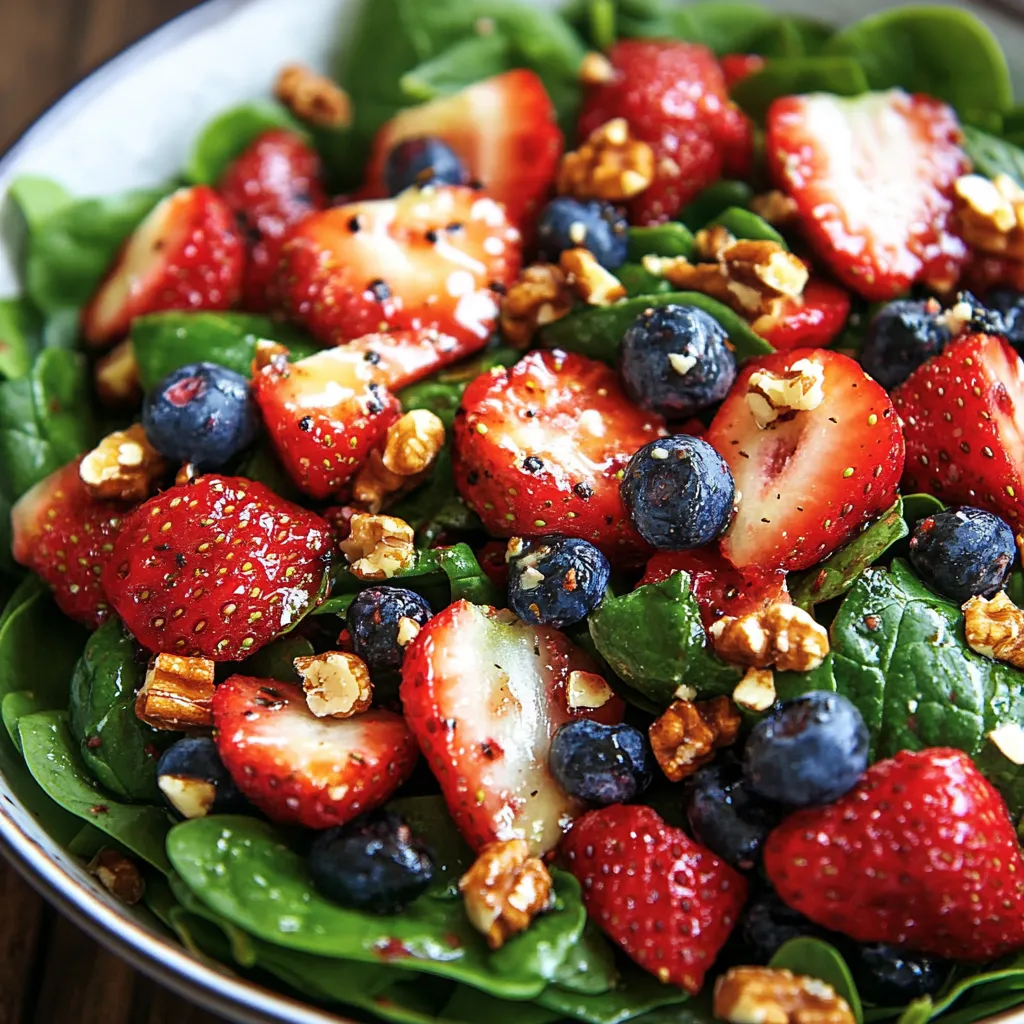 Fresh summer spinach salad with strawberries, feta cheese, almonds, and balsamic dressing in a white bowl