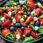 Fresh summer spinach salad with strawberries, feta cheese, almonds, and balsamic dressing in a white bowl