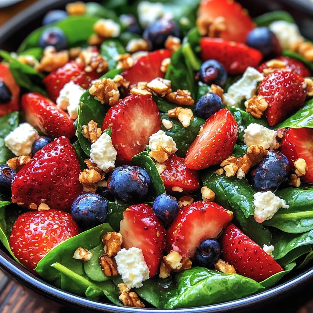 Fresh summer spinach salad with strawberries, feta cheese, almonds, and balsamic dressing in a white bowl