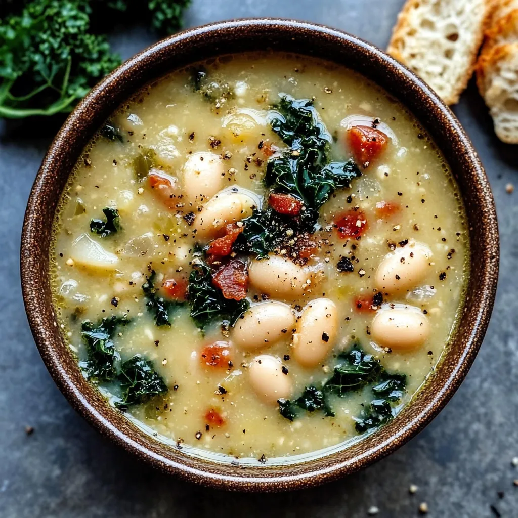 Bowl of Tuscan white bean and kale soup topped with grated Parmesan
