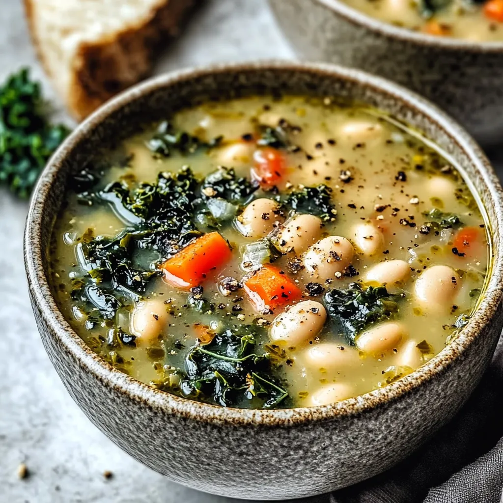 Bowl of Tuscan white bean and kale soup topped with grated Parmesan