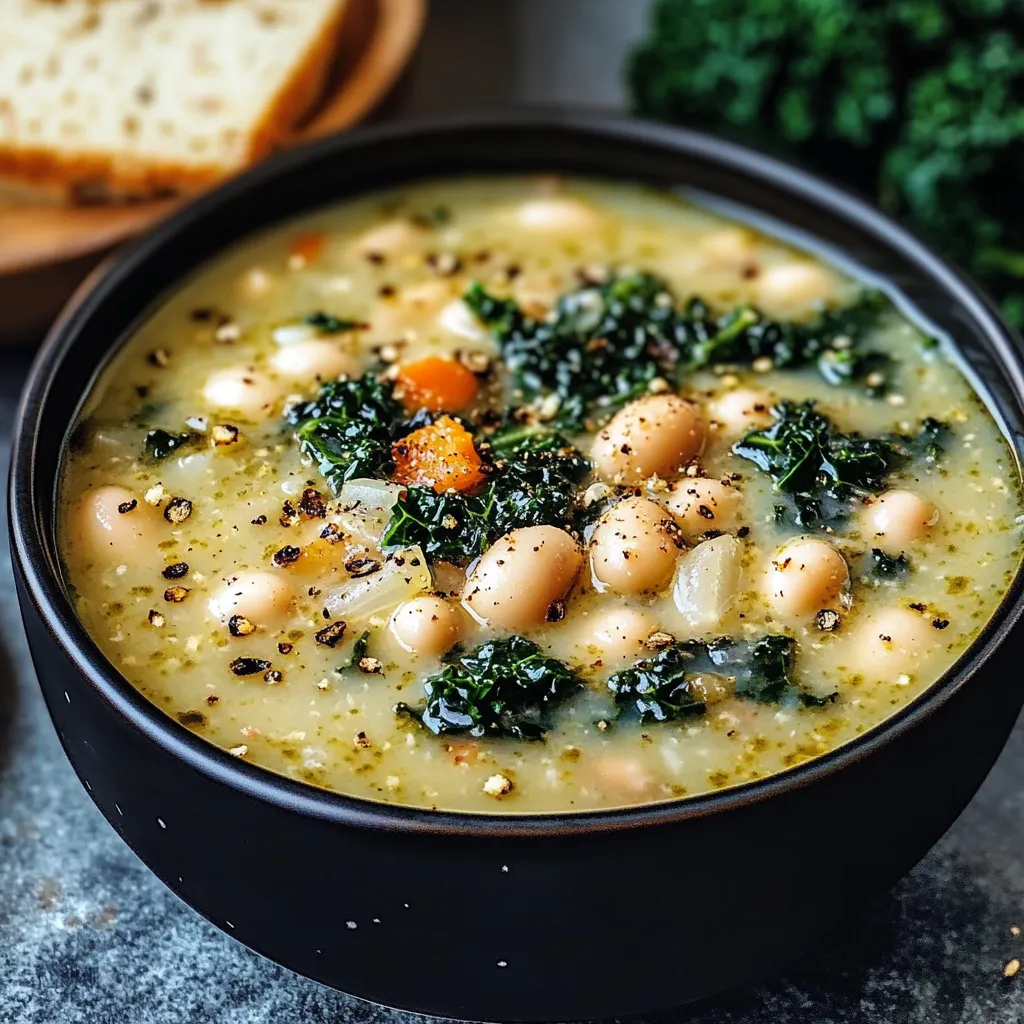 Bowl of Tuscan white bean and kale soup topped with grated Parmesan