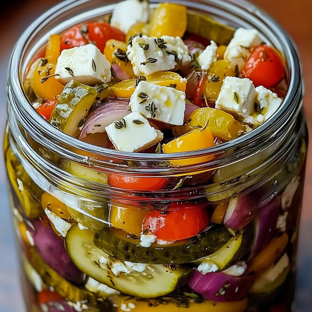A bowl of Mediterranean pickled vegetables with feta, red onions, cucumbers, and herbs.