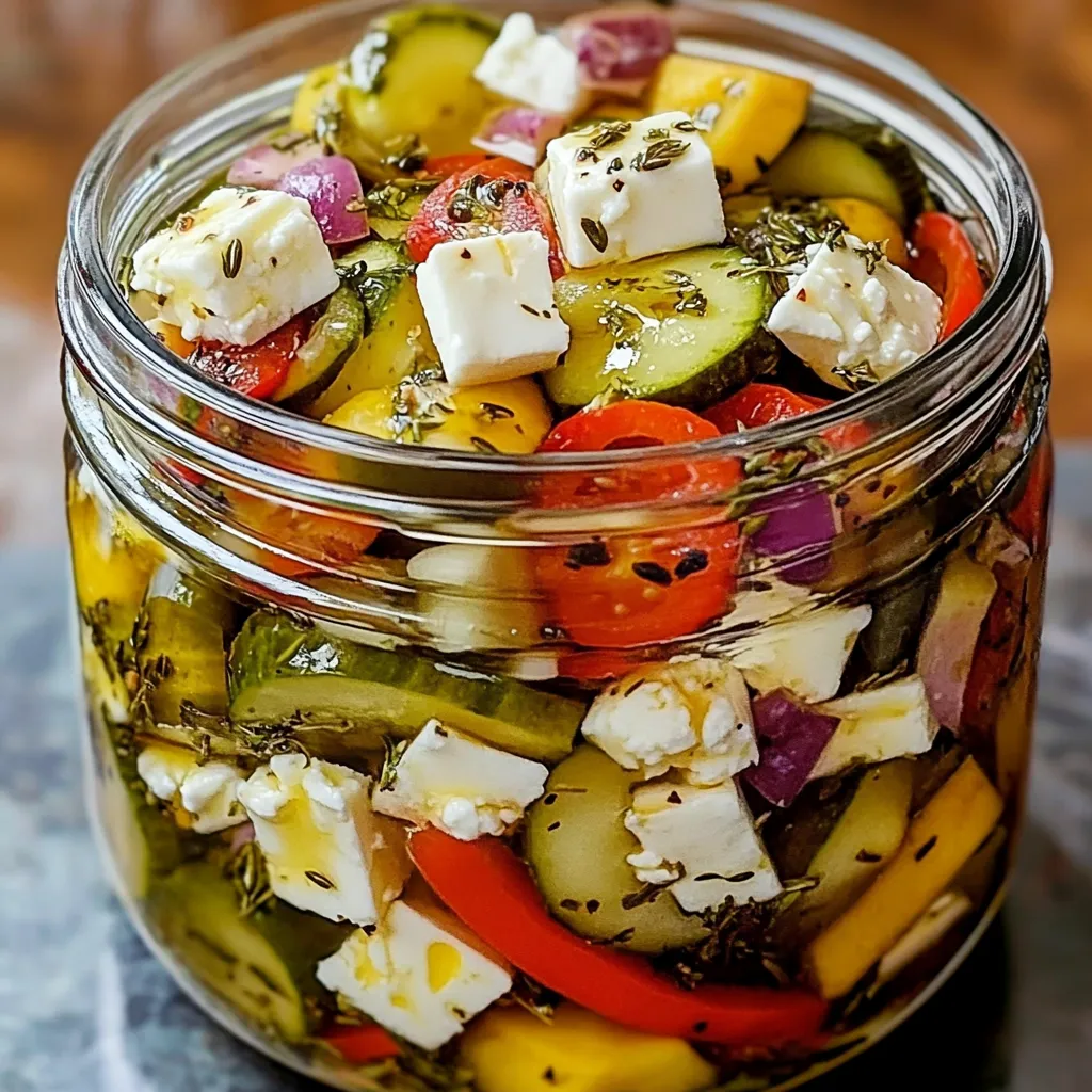A bowl of Mediterranean pickled vegetables with feta, red onions, cucumbers, and herbs.