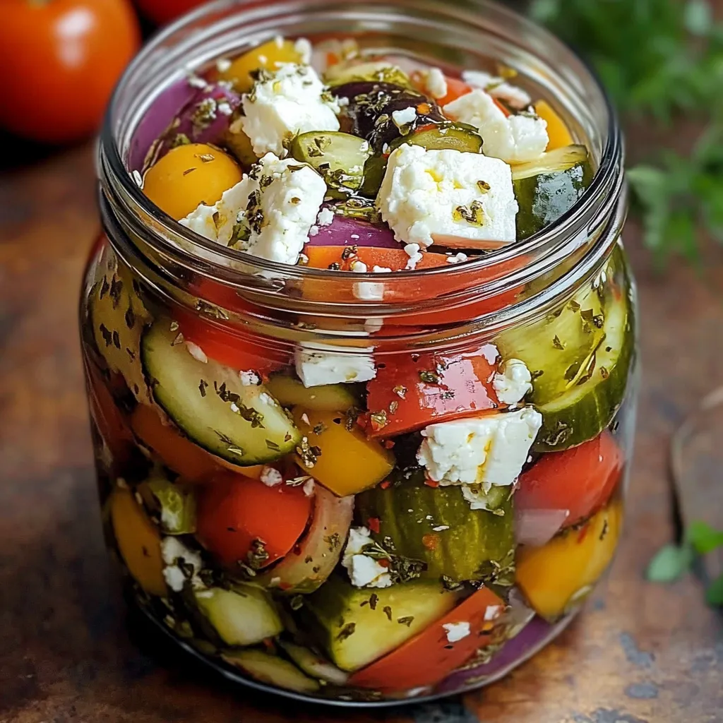 A bowl of Mediterranean pickled vegetables with feta, red onions, cucumbers, and herbs.