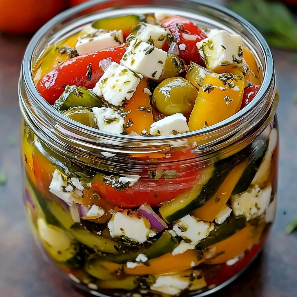 A bowl of Mediterranean pickled vegetables with feta, red onions, cucumbers, and herbs.