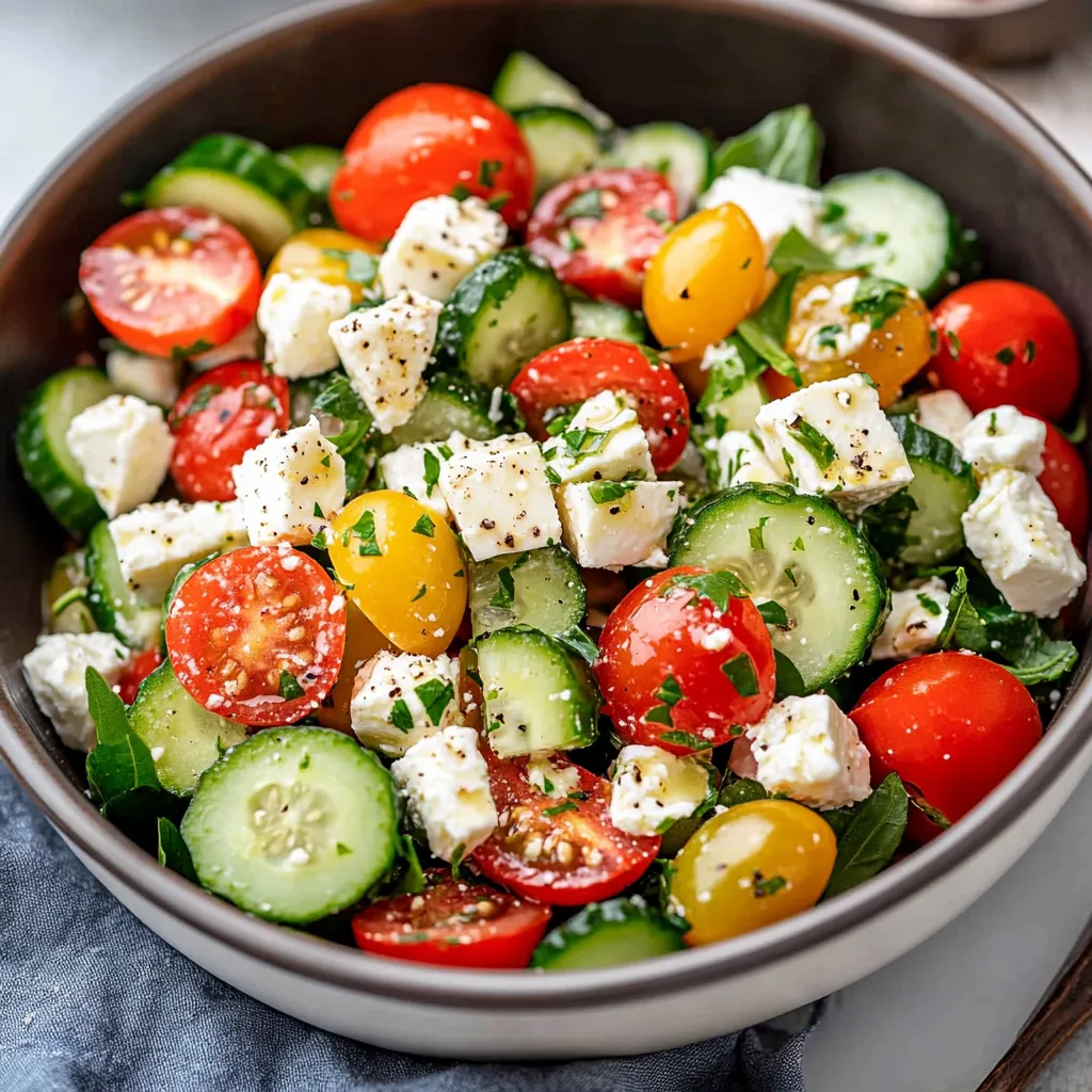 Greek cucumber tomato salad with crumbled feta, olives, and fresh herbs in a white bowl