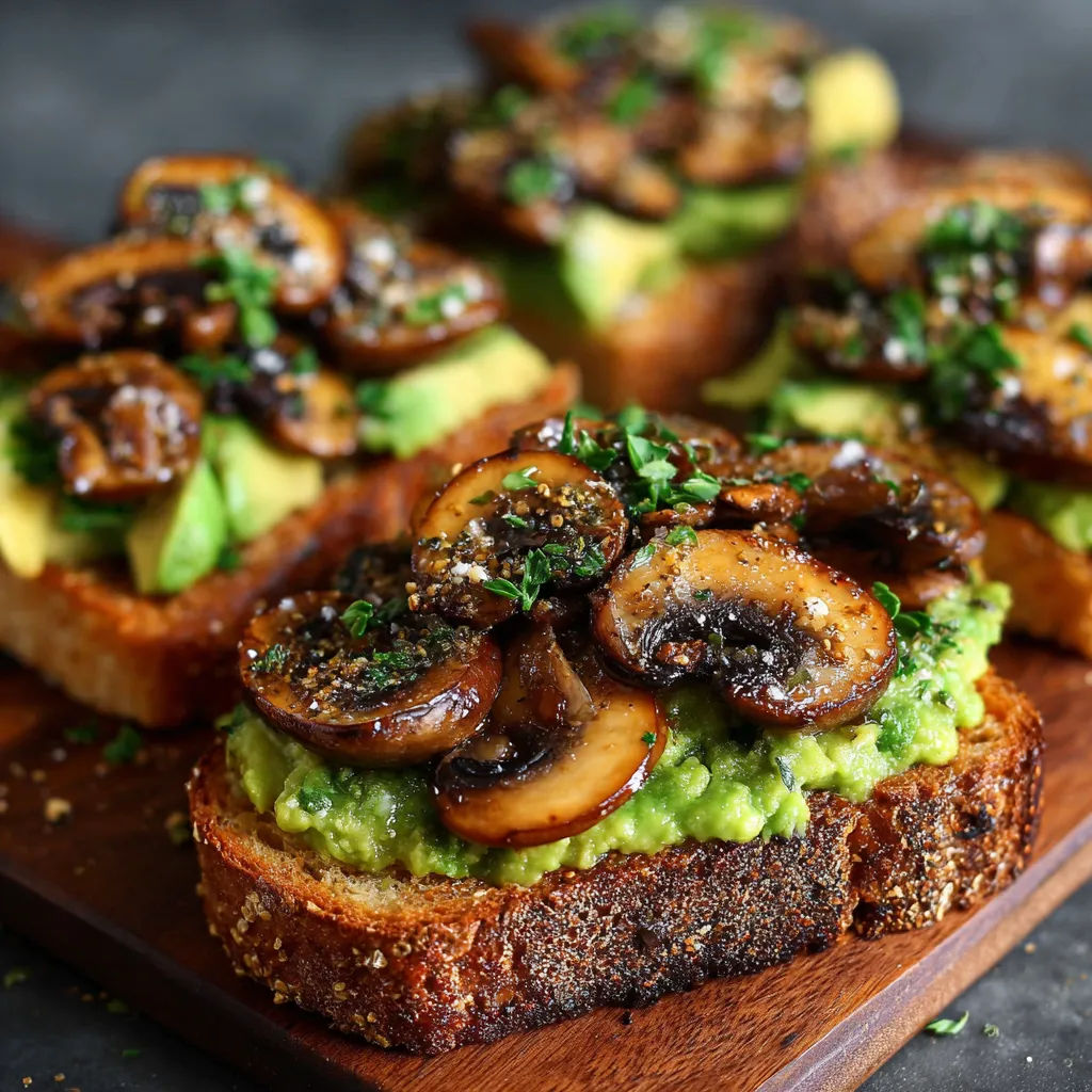 Toasted sourdough topped with creamy avocado spread and garlic sautéed mushrooms