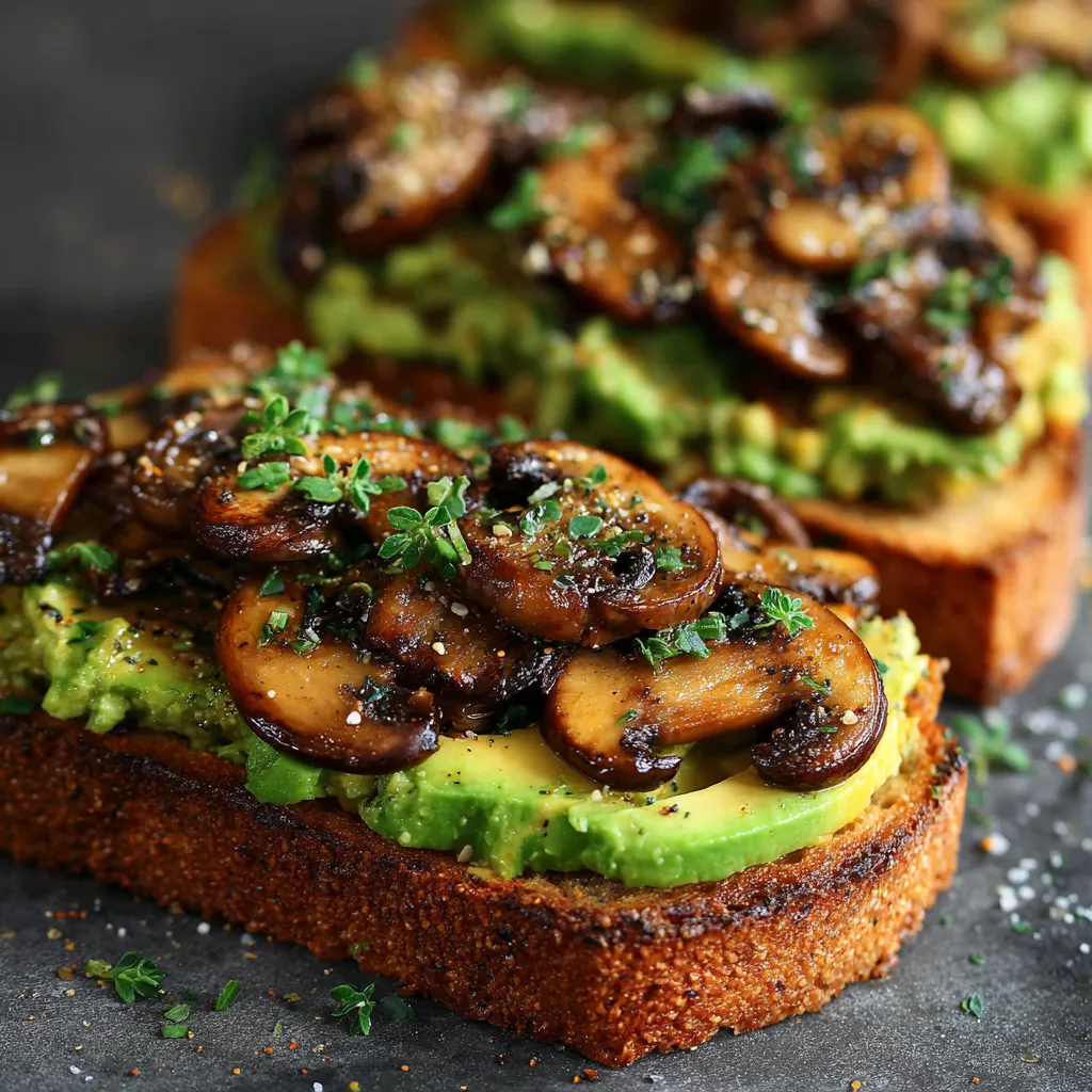 Toasted sourdough topped with creamy avocado spread and garlic sautéed mushrooms