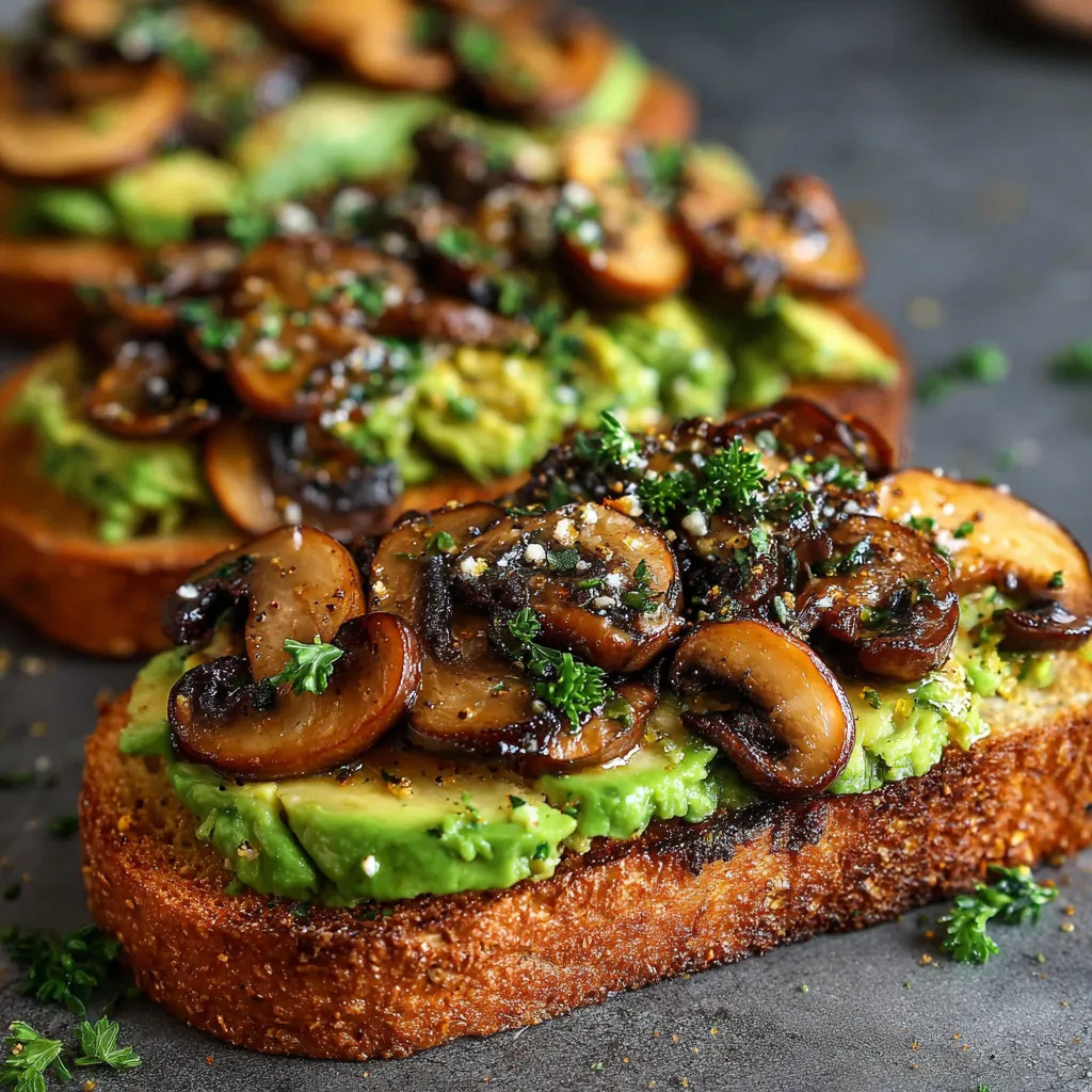 Toasted sourdough topped with creamy avocado spread and garlic sautéed mushrooms