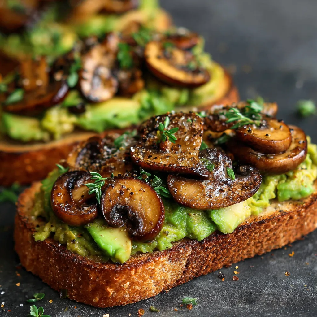 Toasted sourdough topped with creamy avocado spread and garlic sautéed mushrooms