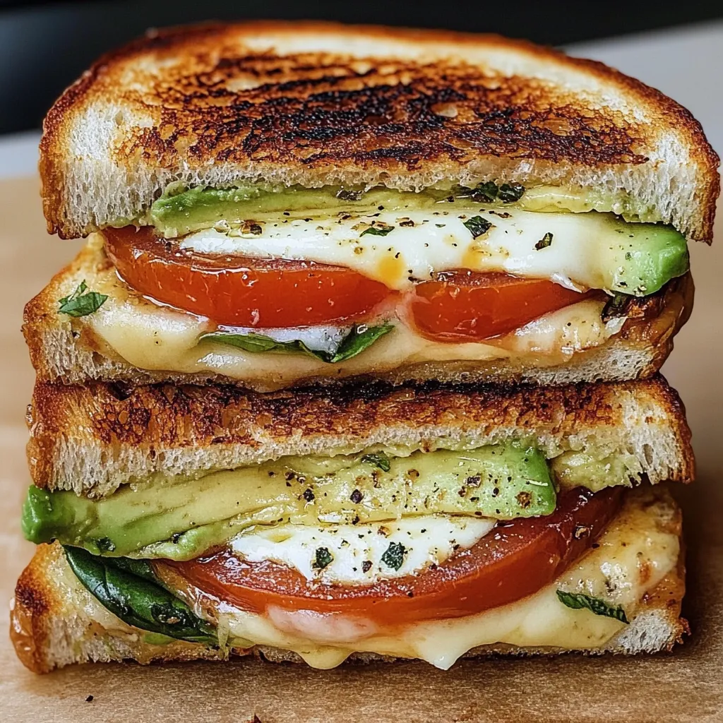 Grilled cheese sandwich with avocado, tomato, and mozzarella on toasted sourdough
