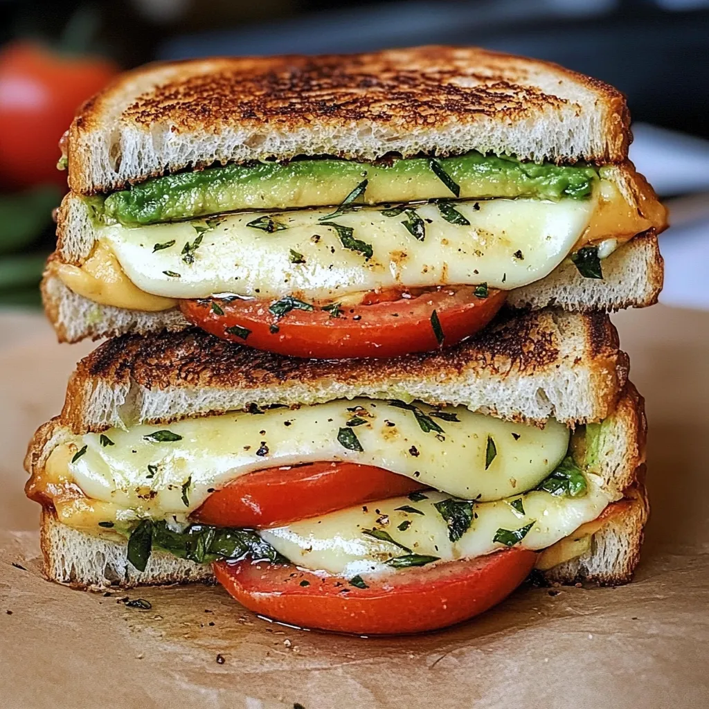 Grilled cheese sandwich with avocado, tomato, and mozzarella on toasted sourdough