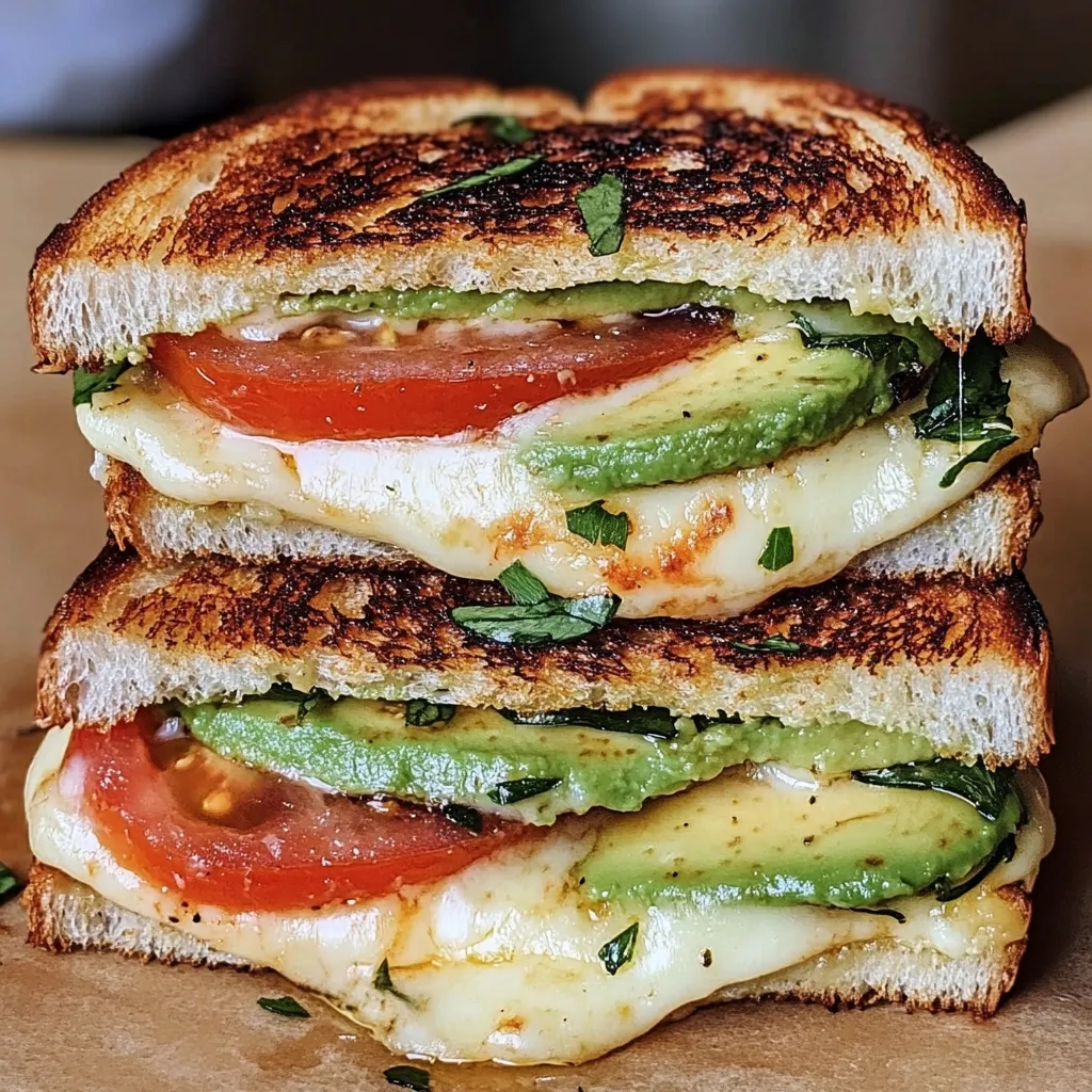 Grilled cheese sandwich with avocado, tomato, and mozzarella on toasted sourdough