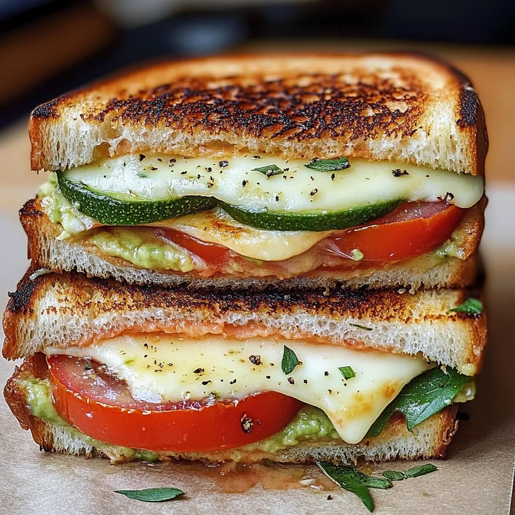 Grilled cheese sandwich with avocado, tomato, and mozzarella on toasted sourdough