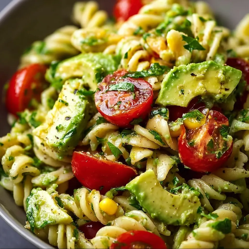 Bowl of avocado pasta salad with tomatoes and herbs