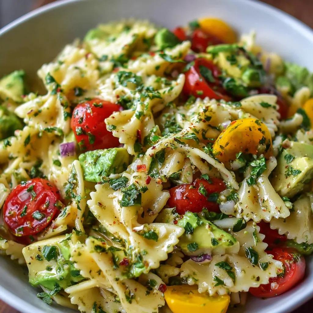 Bowl of avocado pasta salad with tomatoes and herbs