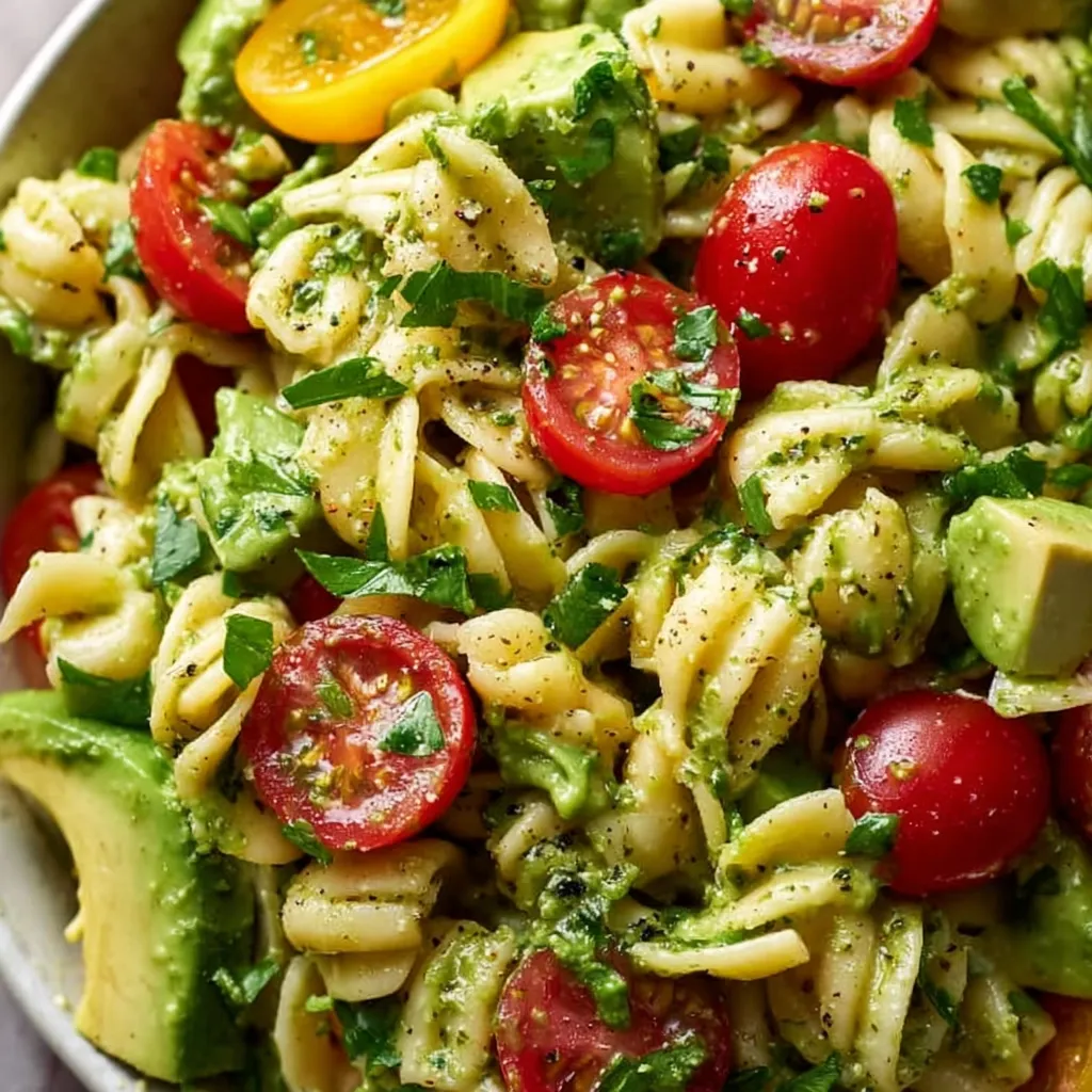Bowl of avocado pasta salad with tomatoes and herbs