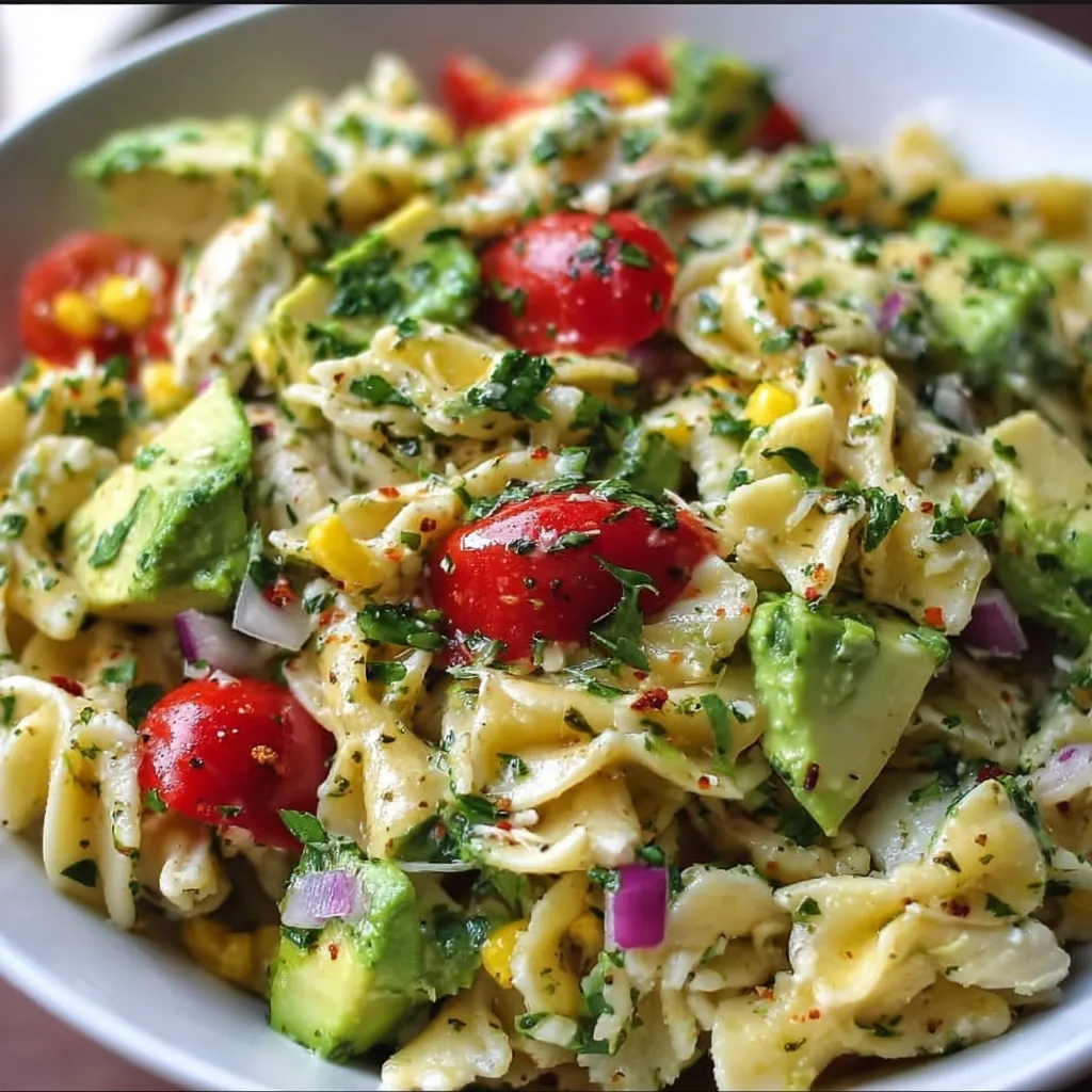 Bowl of avocado pasta salad with tomatoes and herbs
