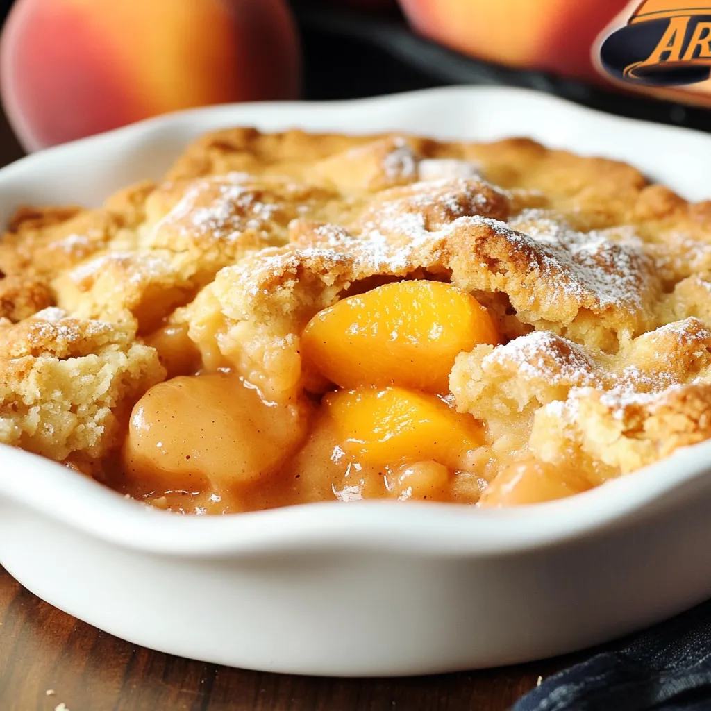 Freshly baked Southern peach cobbler with golden crust and juicy peach filling in a 9x13 dish.