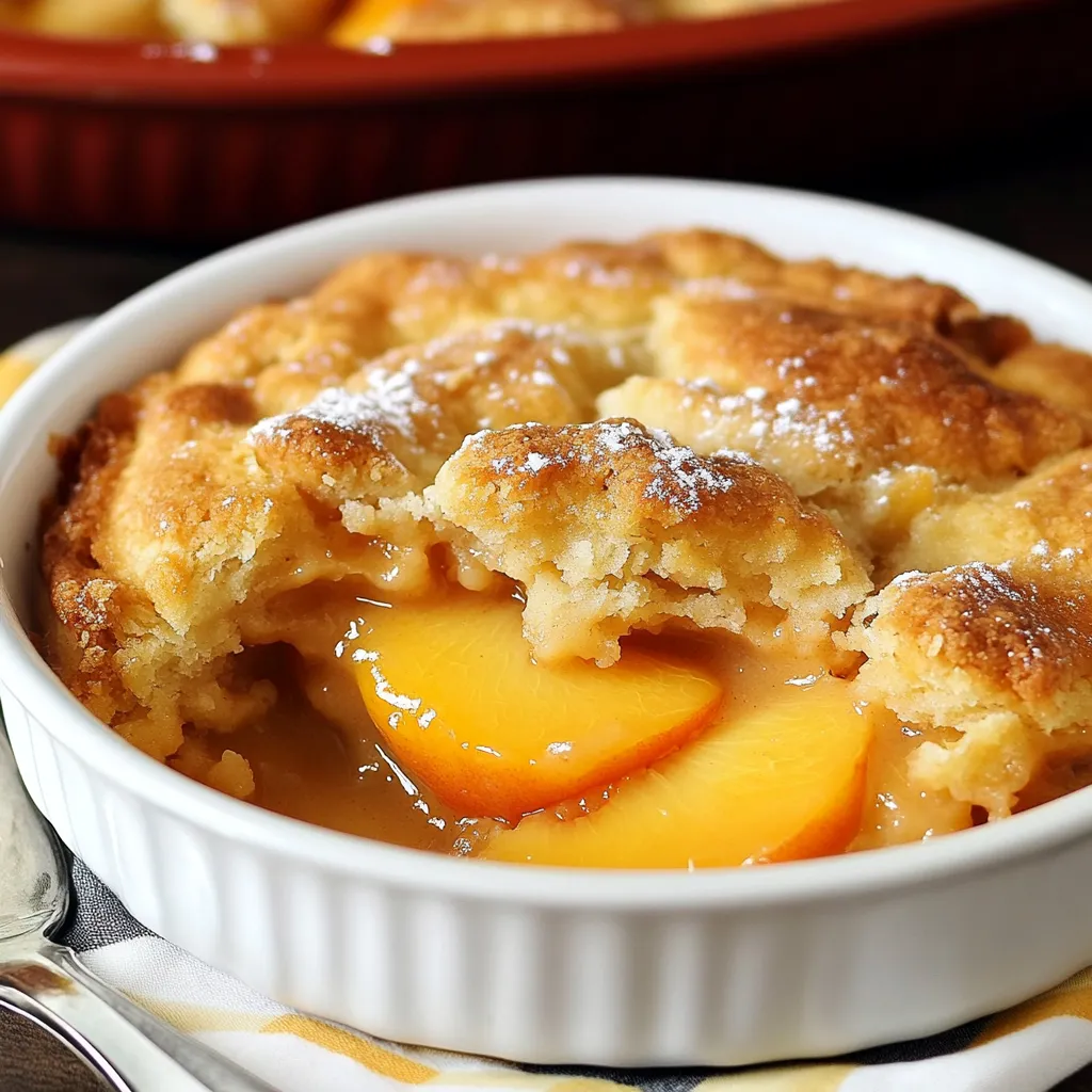 Freshly baked Southern peach cobbler with golden crust and juicy peach filling in a 9x13 dish.