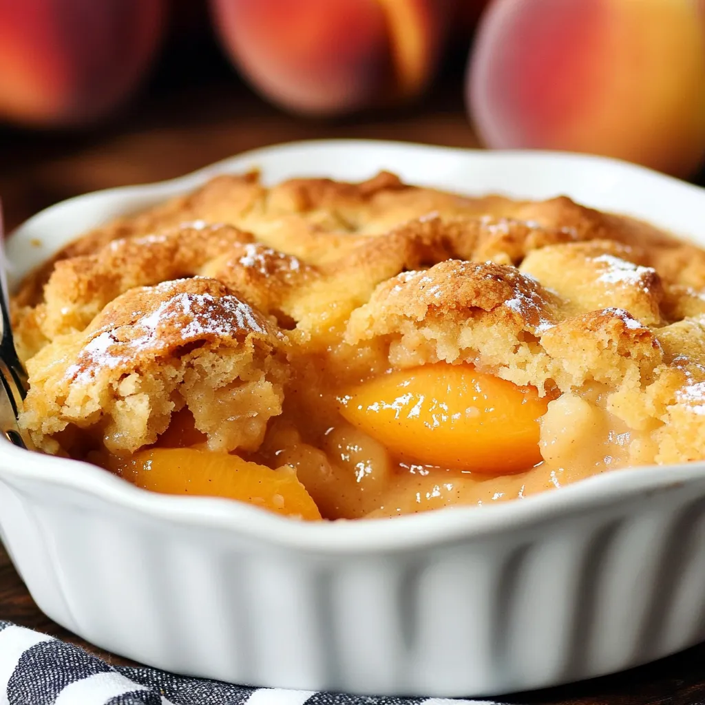 Freshly baked Southern peach cobbler with golden crust and juicy peach filling in a 9x13 dish.