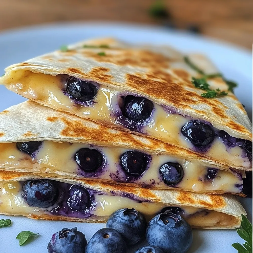 Crispy blueberry breakfast quesadilla with cream cheese filling sliced into wedges on a plate.