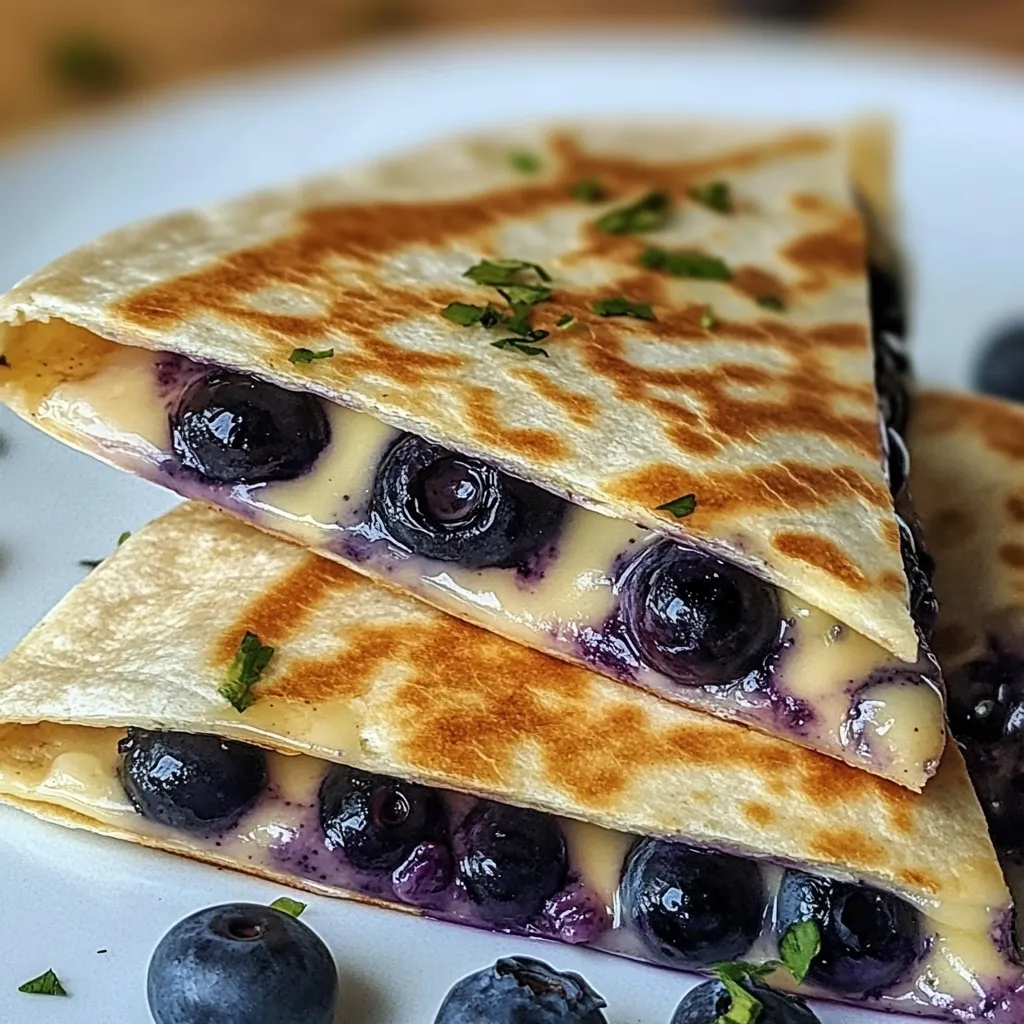Crispy blueberry breakfast quesadilla with cream cheese filling sliced into wedges on a plate.