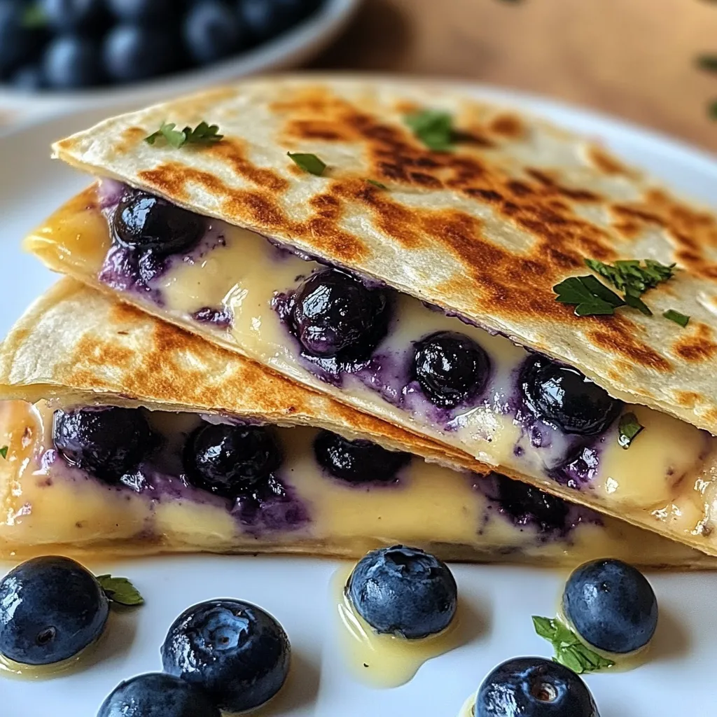 Crispy blueberry breakfast quesadilla with cream cheese filling sliced into wedges on a plate.