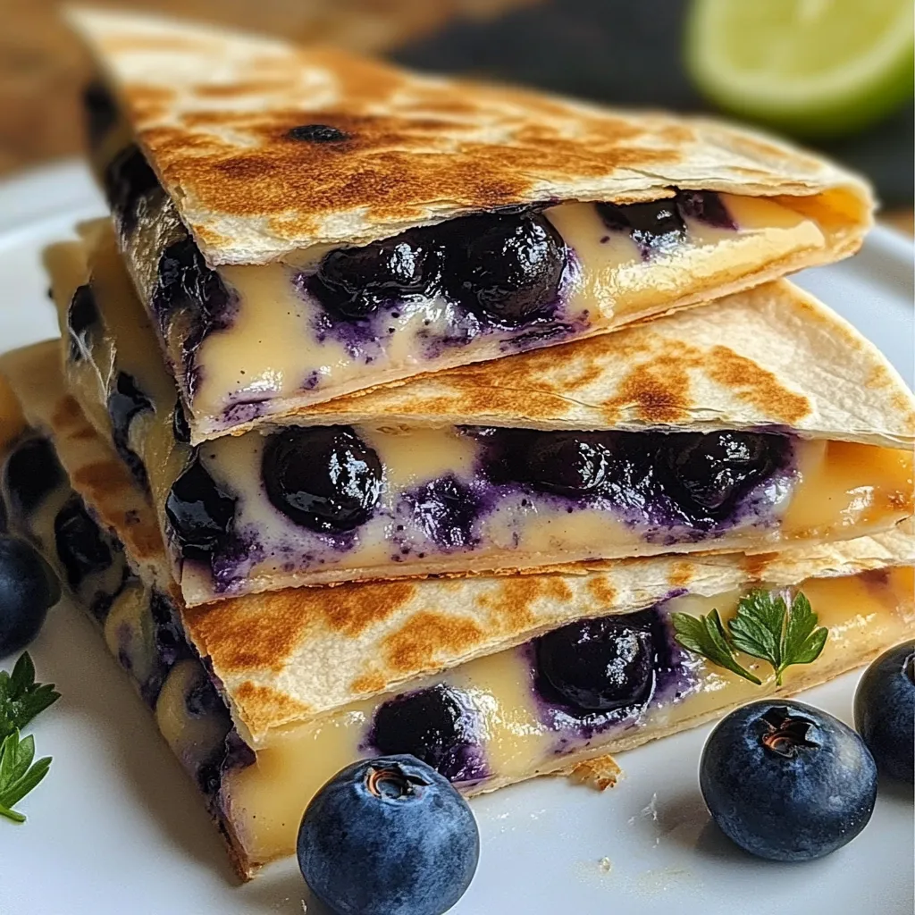 Crispy blueberry breakfast quesadilla with cream cheese filling sliced into wedges on a plate.