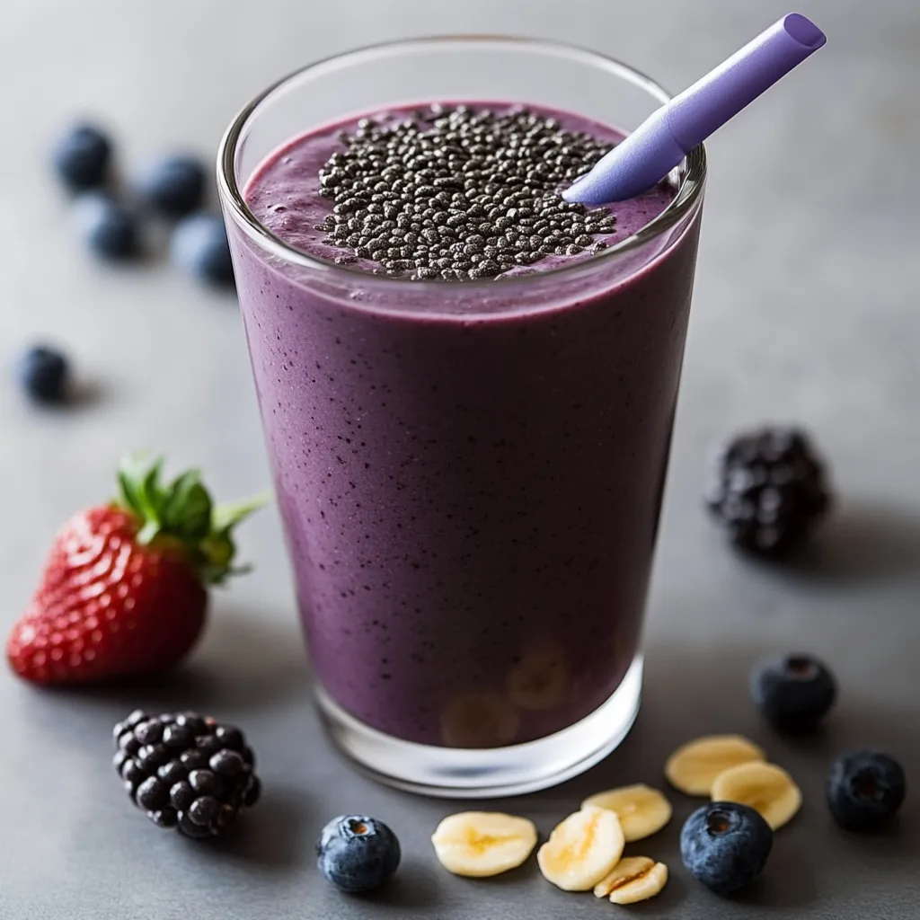 Glass of blueberry oat chia smoothie topped with fresh blueberries and mint