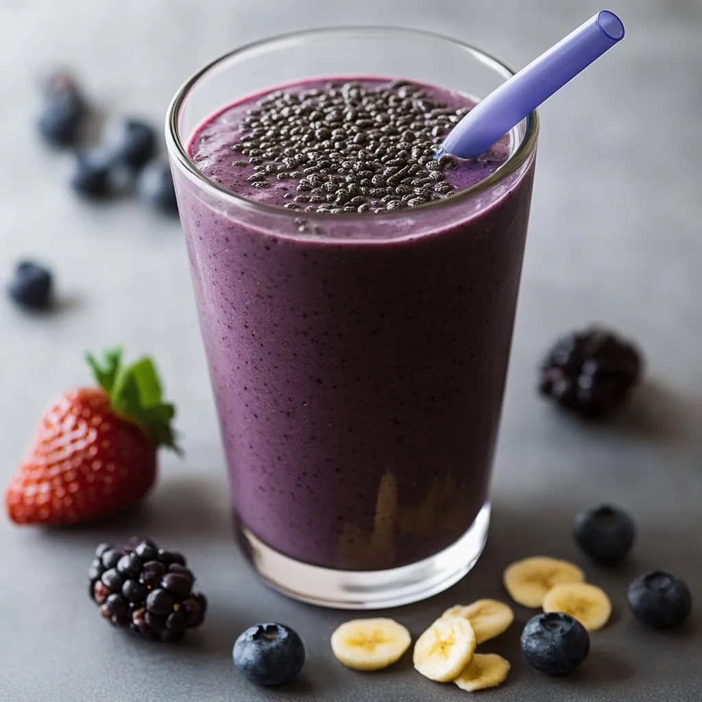 Glass of blueberry oat chia smoothie topped with fresh blueberries and mint