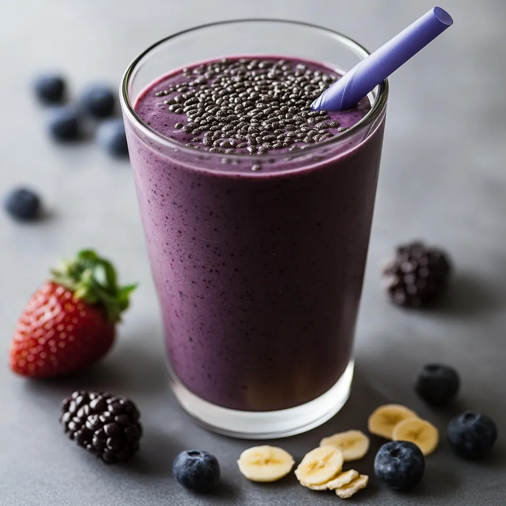 Glass of blueberry oat chia smoothie topped with fresh blueberries and mint