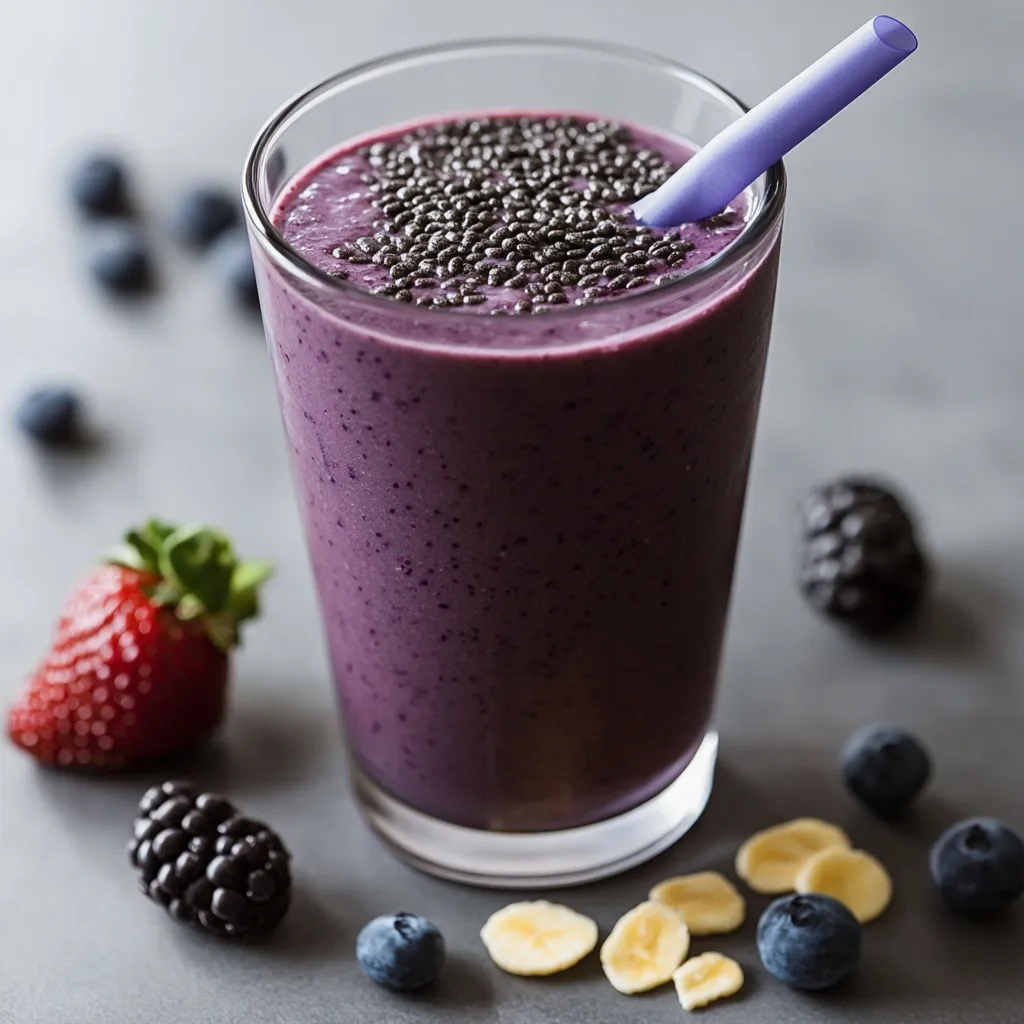 Glass of blueberry oat chia smoothie topped with fresh blueberries and mint