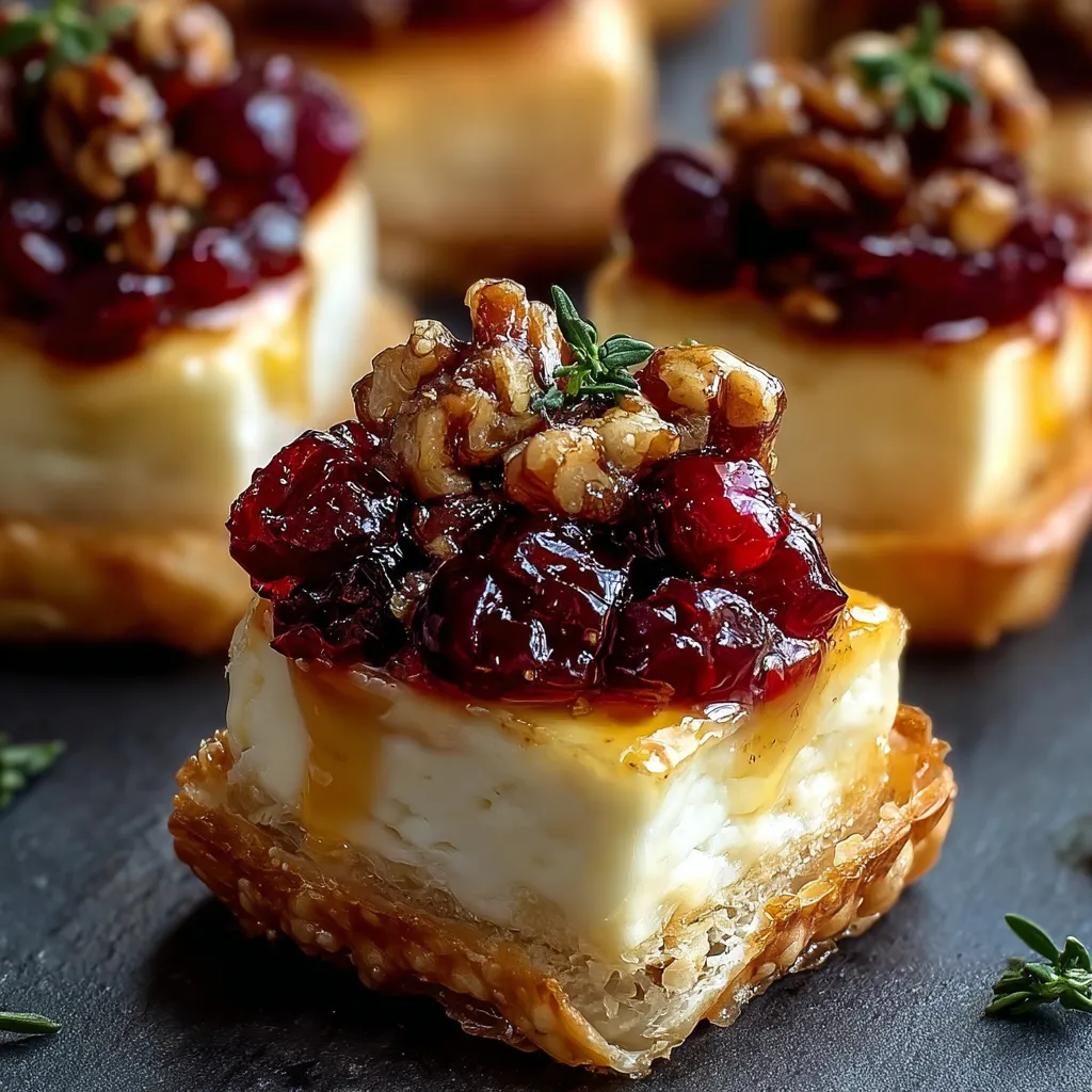 Close-up of golden puff pastry bites filled with Brie, cranberries, and nuts