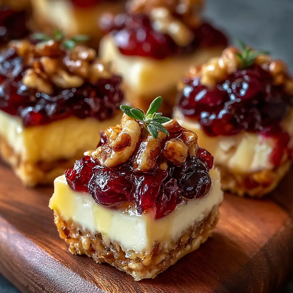 Close-up of golden puff pastry bites filled with Brie, cranberries, and nuts