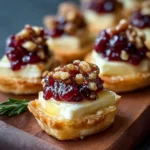 Close-up of golden puff pastry bites filled with Brie, cranberries, and nuts