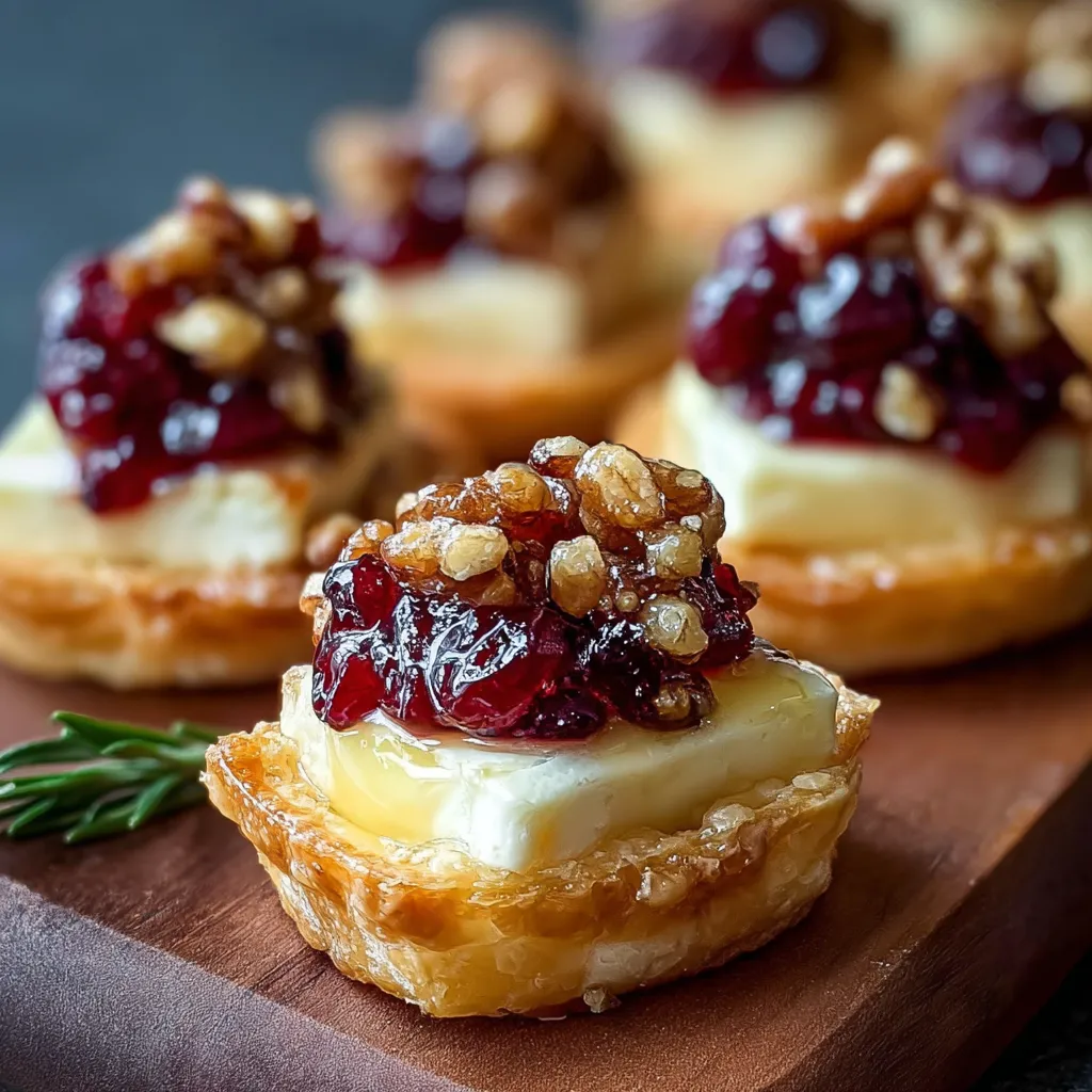 Close-up of golden puff pastry bites filled with Brie, cranberries, and nuts