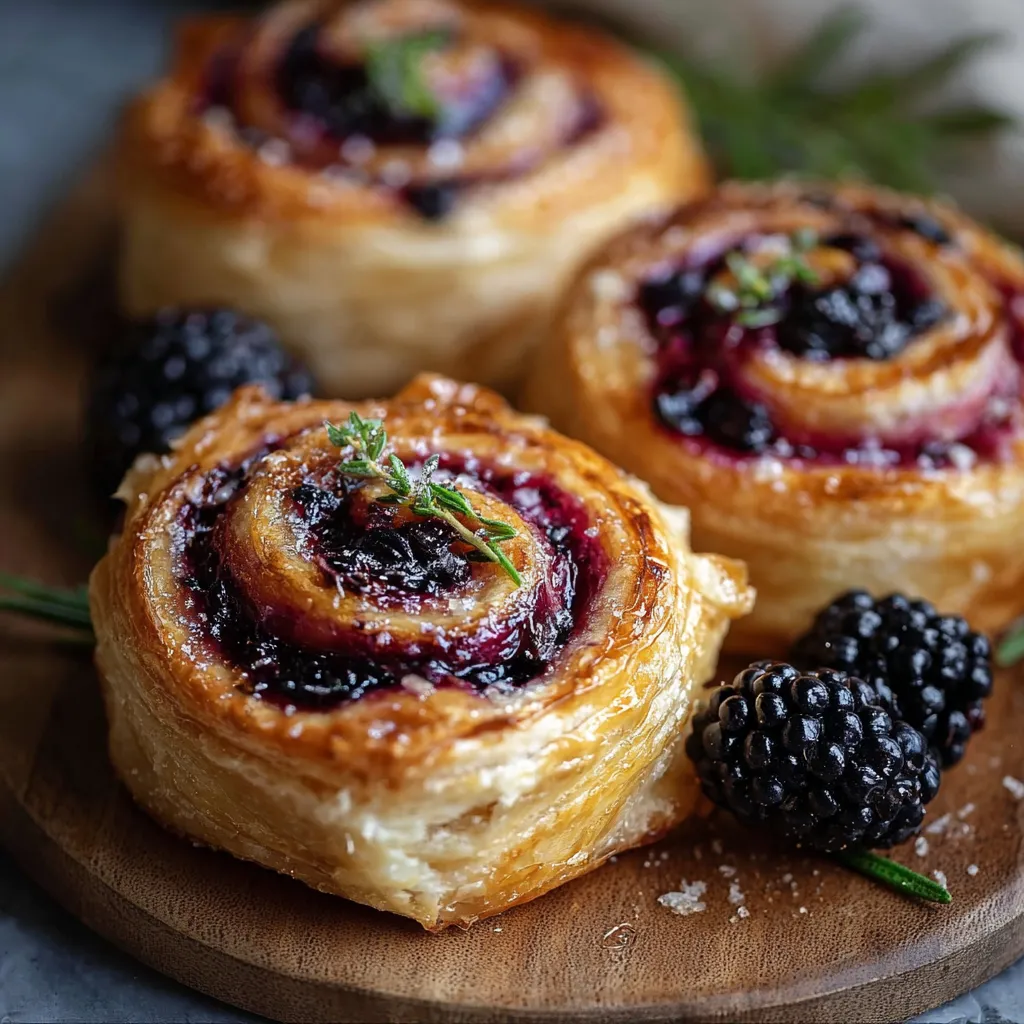 Brie and blackberry puff pastry swirls drizzled with honey on a parchment-lined tray.