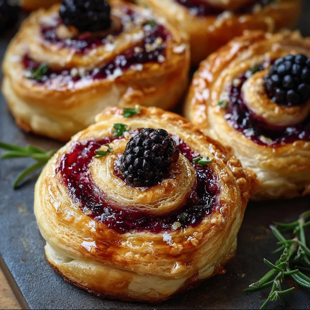 Brie and blackberry puff pastry swirls drizzled with honey on a parchment-lined tray.