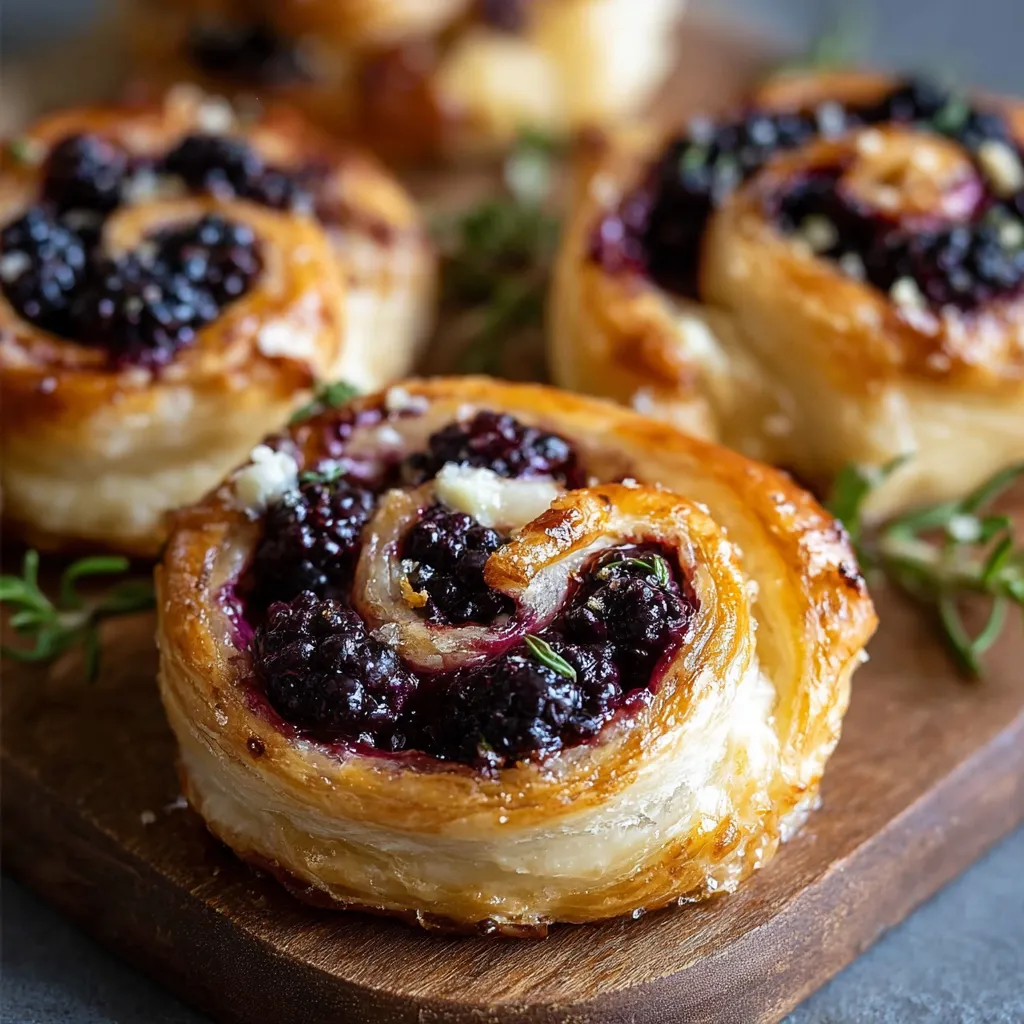 Brie and blackberry puff pastry swirls drizzled with honey on a parchment-lined tray.