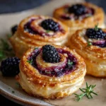 Brie and blackberry puff pastry swirls drizzled with honey on a parchment-lined tray.