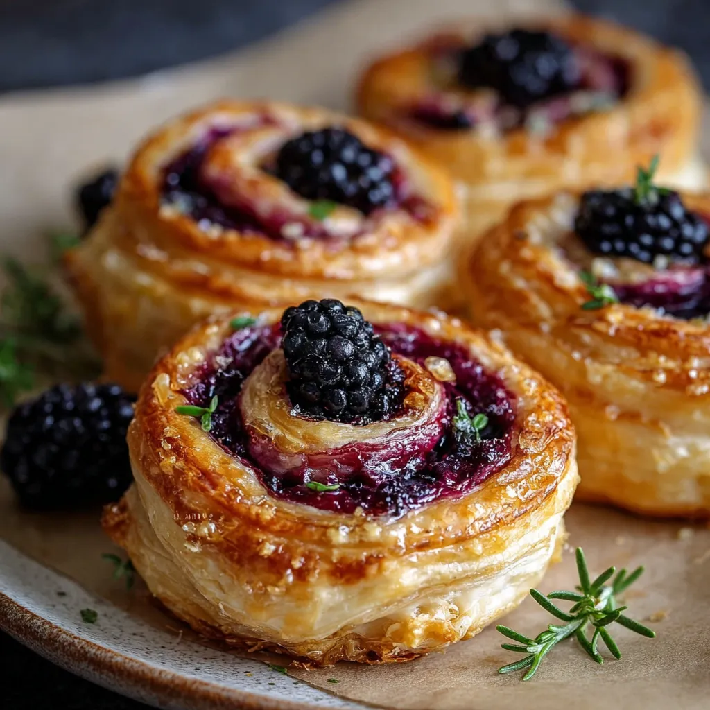 Brie and blackberry puff pastry swirls drizzled with honey on a parchment-lined tray.