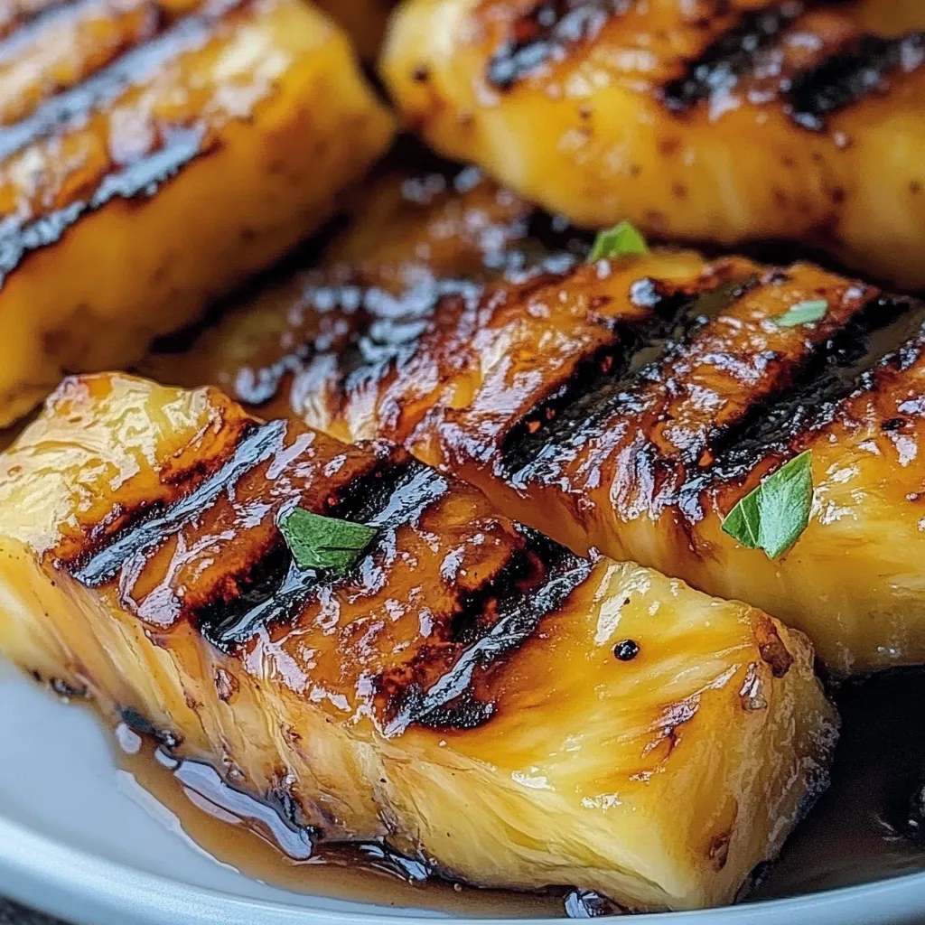 Grilled pineapple slices with caramelized brown sugar glaze on a BBQ grill