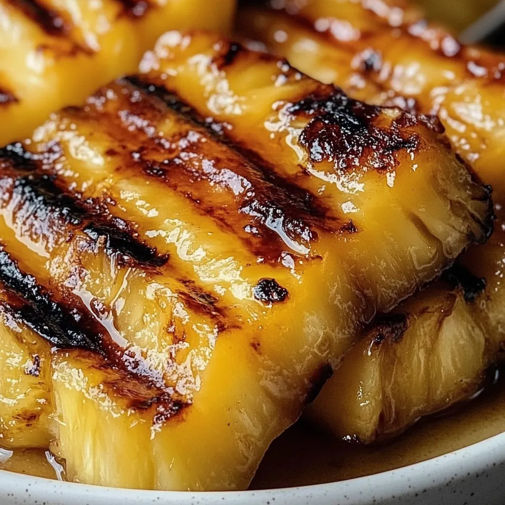 Grilled pineapple slices with caramelized brown sugar glaze on a BBQ grill
