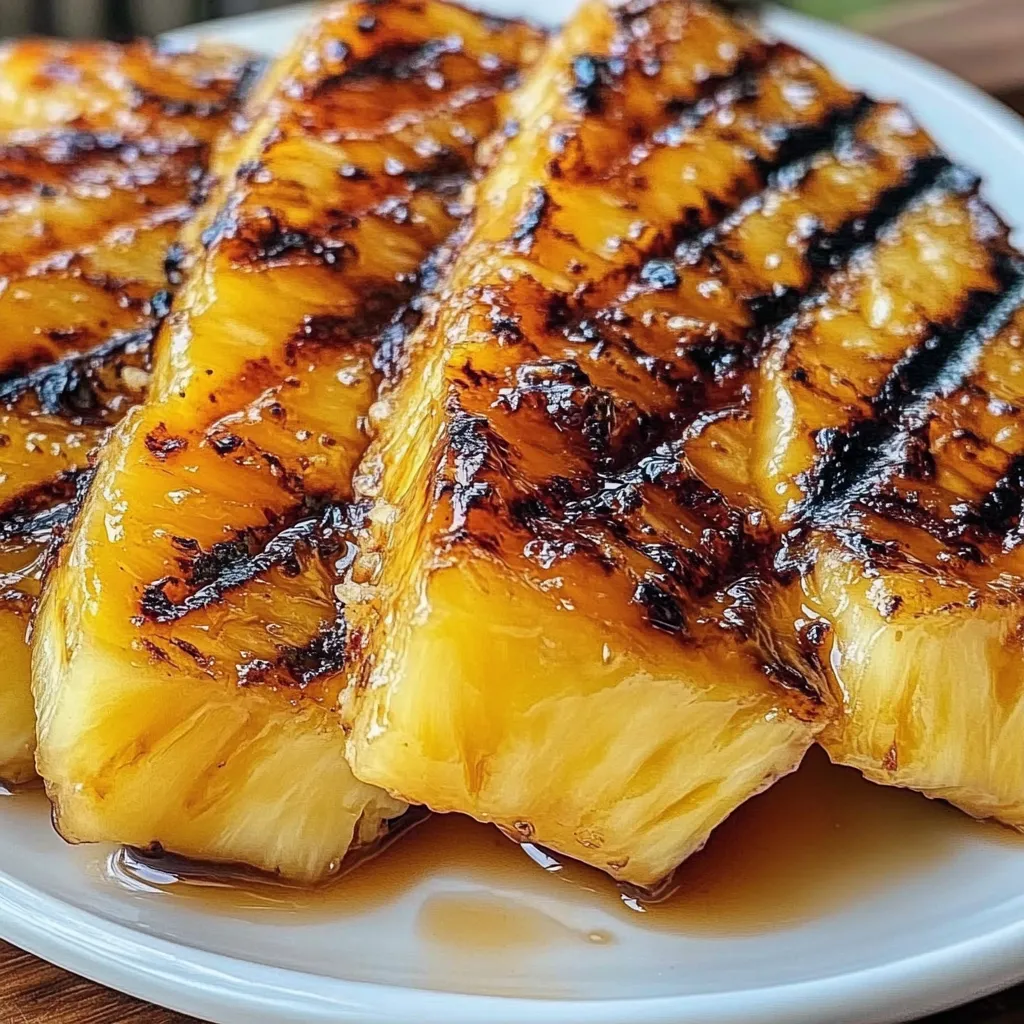 Grilled pineapple slices with caramelized brown sugar glaze on a BBQ grill