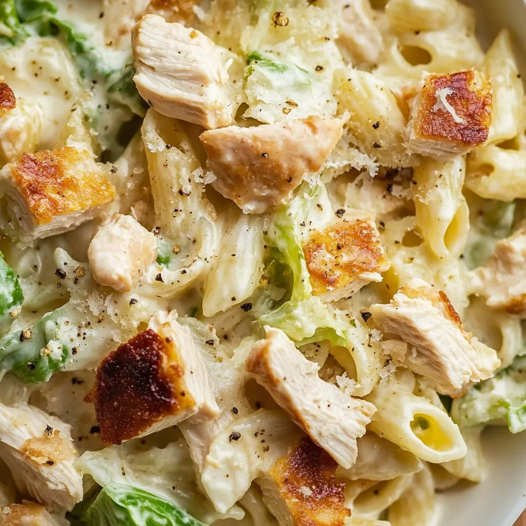 Chicken Caesar Pasta Salad served in a white bowl, topped with croutons and Parmesan.