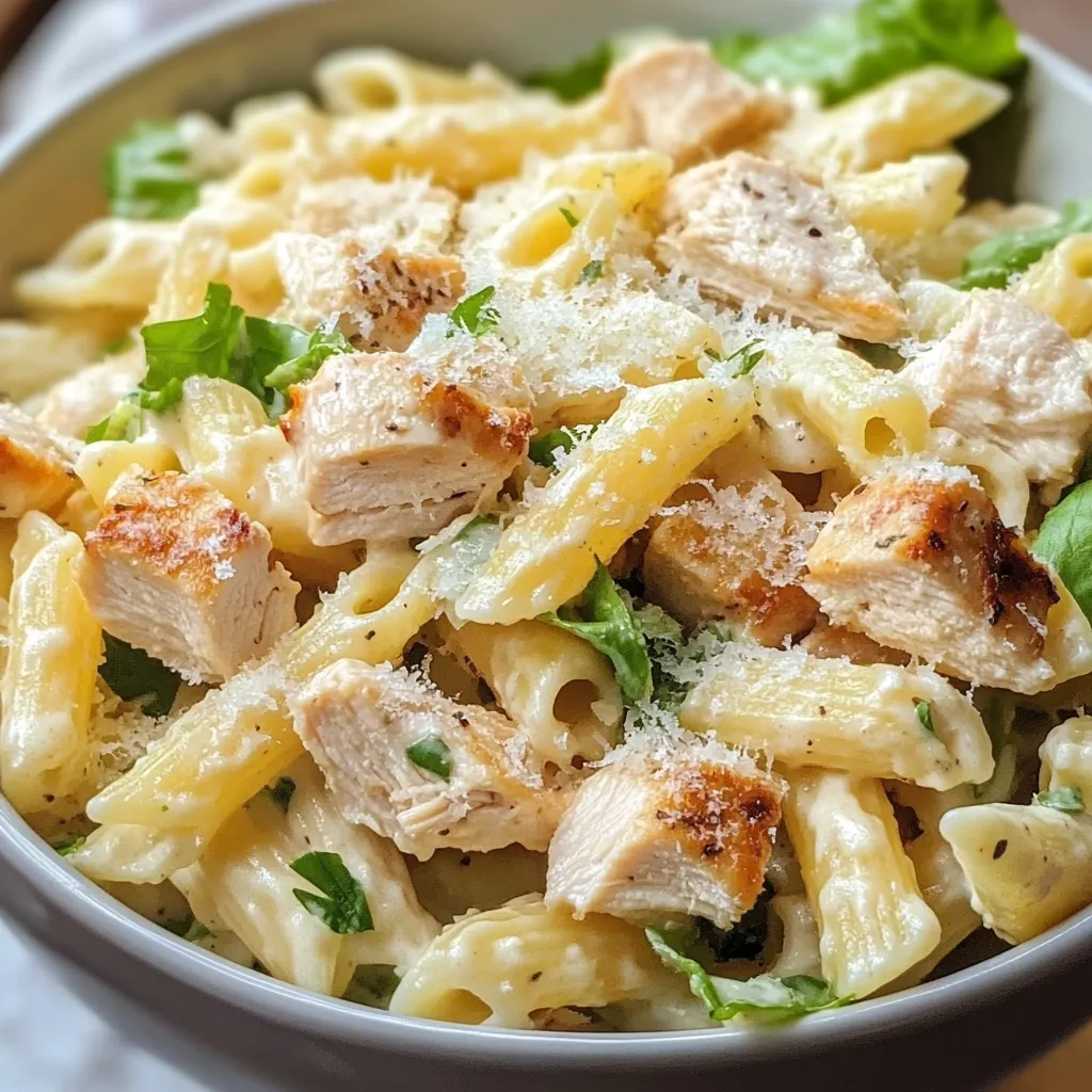 Chicken Caesar Pasta Salad served in a white bowl, topped with croutons and Parmesan.