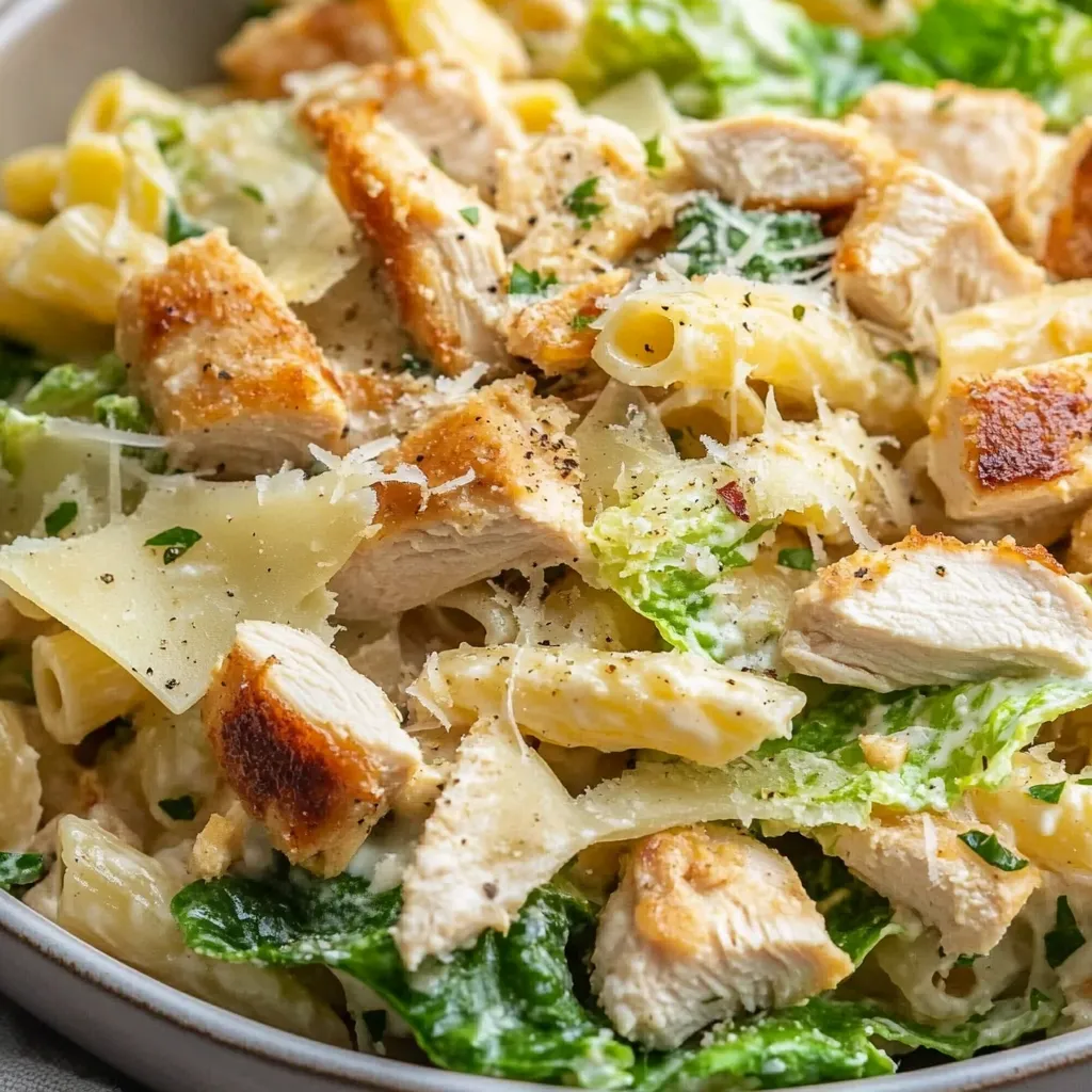 Chicken Caesar Pasta Salad served in a white bowl, topped with croutons and Parmesan.