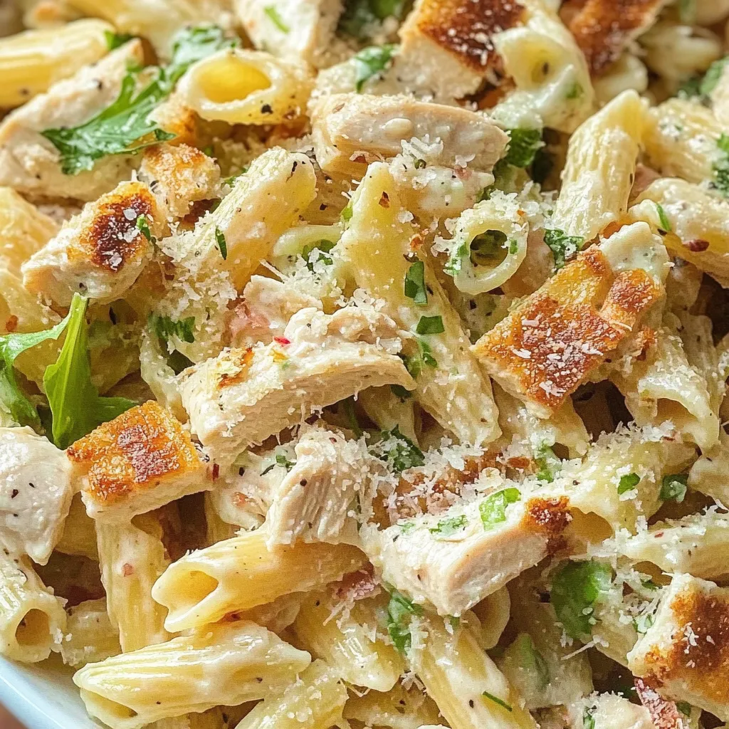 Chicken Caesar Pasta Salad served in a white bowl, topped with croutons and Parmesan.